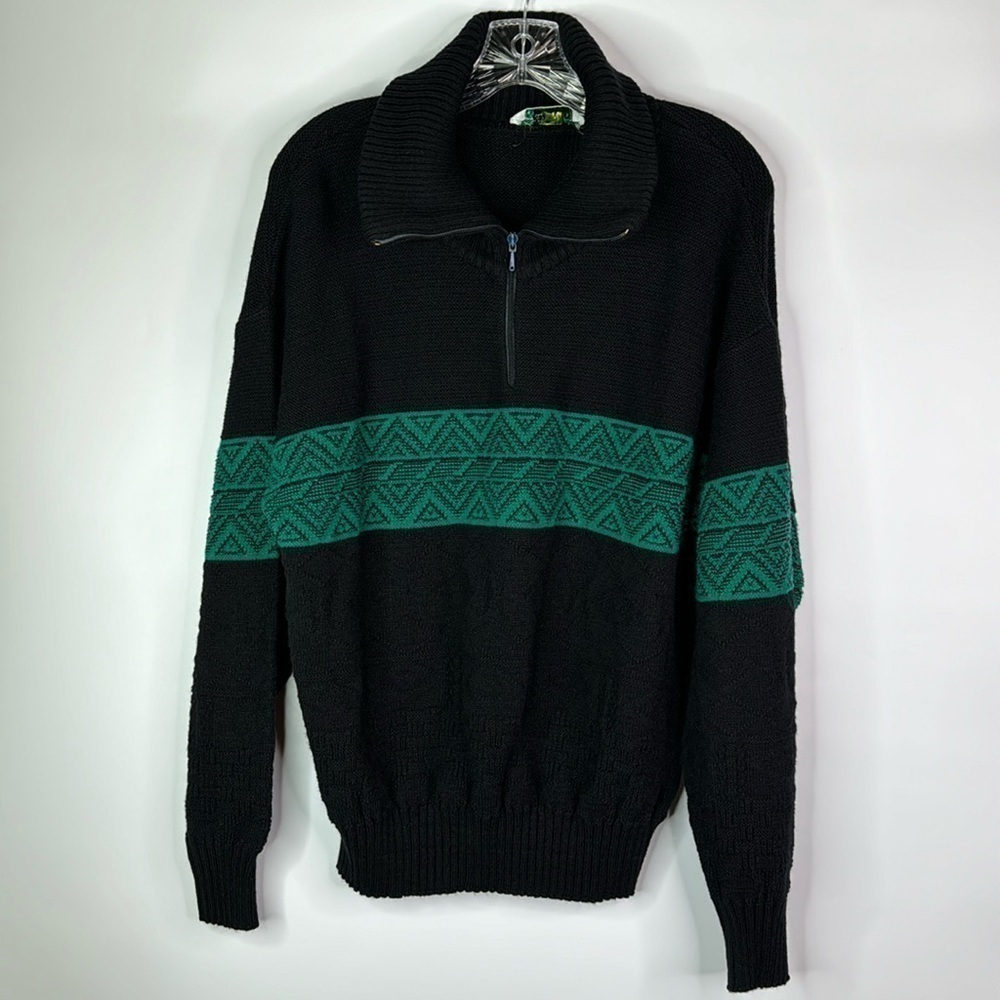 Vintage Mergers Black Green 1/4 Zip Acrylic Sweater Size XL